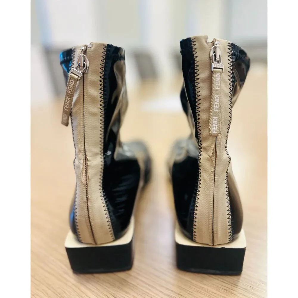 FENDI Fframe Patent Leather Neoprene Glossy Black Square Toe Ankle Boots Sz 10.5